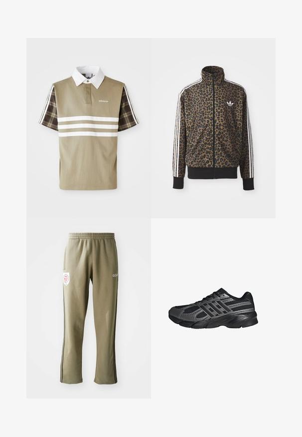 Kapsička s leopardím vzorom so zipsom v hnedej a čiernej farbe, s bielymi tromi pásikmi na rukávoch a čiernym rebrovaným lemom. Klasické logo Adidas.; Polo tričko v olivovej zelenej farbe s bielymi pruhmi a károvaným vzorom na krátkych rukávoch. Obsahuje biely golier a logo na hrudi.; Olivové tepláky so širokým elastickým pásom, bočnými vreckami, čiernymi bočnými prúžkami a logom na stehne.; Čierne športové topánky vyrobené z pletiva a syntetických materiálov, s textúrovaným povrchom, viacerými šedými pruhmi a polstrovaným golierom.