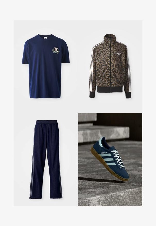 Leopardimustriga lukuga jakke pruunis ja mustas, millel on valged kolmetriibulised aktsendid varrukatel ja must ribakangast äär. Klassikaline Adidas logo.; Tumesinine puuvillane t-särk lühikeste varrukatega, ümar kaelus ja tikandlogo, millel on loorberivõrsed vasakul rinnal.; Tumesinised spordipüksid elastse vöökohaga, millel on kolm valget külge triipu ja sirge jalgade disain. Pehme denimpind.; Sinine Adidas Spezial tennisk, valgete triipude ja paeltega, kummist tallaga, hõljub kareda betoonpinna ja sammude kohal taustal.
