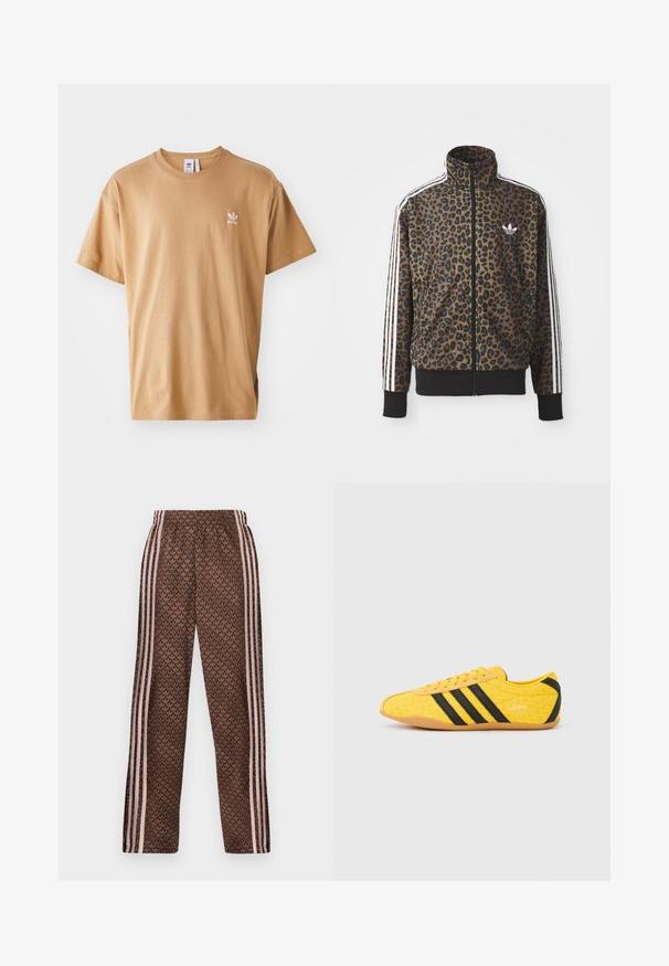 Leopardimustriga lukuga jakke pruunis ja mustas, millel on valged kolmetriibulised aktsendid varrukatel ja must ribakangast äär. Klassikaline Adidas logo.; Prune puuvillane T-särk ümarate kaelustega ja lühikeste varrukatega. Vasakul rinnal on väike valge Adidas'i logo. Pehme tekstuur, mugav lõige.; Pruunid dressipüksid heleroosade vertikaalsete triipudega külgedel ja kogu pinnal korduv lehvikumustriga, elastse vöökohaga, sirge lõikega lahk.; Kollane sportlik jalanõu tekstuurse pealiskihiga, millel on mustad triibud ja logo. Ümar nina, pehme tallaosa ning materjalil siksakmuster.