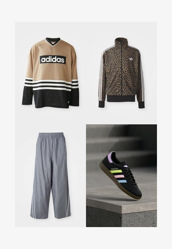 Leopardimustriga lukuga jakke pruunis ja mustas, millel on valged kolmetriibulised aktsendid varrukatel ja must ribakangast äär. Klassikaline Adidas logo.; Adidase beež ja must pikka varrukaga spordivorm, millel on valged triibud, võrgusilma kangas ning Adidase logo rinnal ja alumisel äärel.; Hallid, kerge, sünteetilisest materjalist laiad püksid, millel on elastne vöökoht ja valged külgmised triibud. Sile tekstuur ja lühike disain.; Must Adidas Spezial toss sinised, roosad ja kollased pastelltriipud, lavendlivärvilise kannaosaga ja pruun tallaga, hõljumas betoonserva kohal.