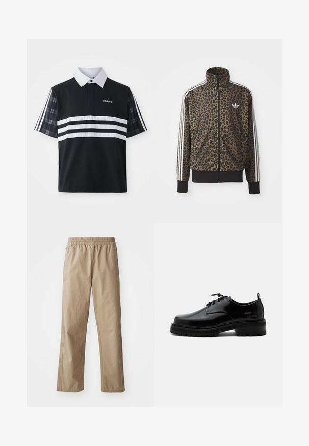 Kapsička s leopardím vzorom so zipsom v hnedej a čiernej farbe, s bielymi tromi pásikmi na rukávoch a čiernym rebrovaným lemom. Klasické logo Adidas.; Čierna polo košeľa s bielymi prúžkami a logom; má krátke kárované rukávy a biely golier s gombíkovou légou.; Béžové ľahké nohavice s elastickým pásom, rovnými nohavicami a bočnými vreckami. Hladká textúra s jemnými švami.; Čierna leštená kožená šnurovacia obuv s hrubou gumovou podrážkou a nízkym podpätkom, bočný nápis značky "SAMSOE" a zadné ťahadlo.