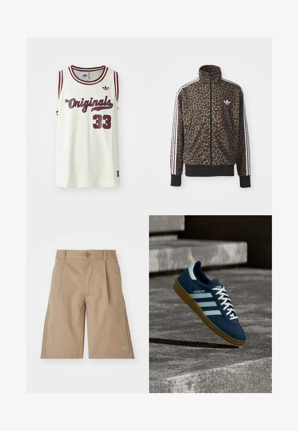 Leopardimustriga lukuga jakke pruunis ja mustas, millel on valged kolmetriibulised aktsendid varrukatel ja must ribakangast äär. Klassikaline Adidas logo.; Valge võrkkangas sansleeve jersey maroon aktsentidega, tekstiga "The Originals", number 33 ja väike logo vasakul rinnal.; Beežist puuvillased lühikesed püksid sirge lõikega, ees voldid ja ühe nööbi kinnitusega. All vasakul on peene logo.; Sinine Adidas Spezial tennisk, valgete triipude ja paeltega, kummist tallaga, hõljub kareda betoonpinna ja sammude kohal taustal.