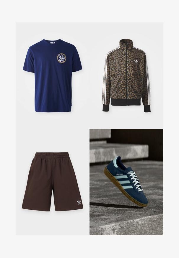 Leopardimustriga lukuga jakke pruunis ja mustas, millel on valged kolmetriibulised aktsendid varrukatel ja must ribakangast äär. Klassikaline Adidas logo.; Tumesinine puuvillane t-särk lühikeste varrukatega, millel on vasakul rinnal ümmargune logo valge ja kollase värviga. Lihtne, mugav disain.; Tumepruunid Adidas lühikesed püksid, millel on elastne vöökoht ja alumises vasakus sääres valge Adidas Trefoil logo, esitatud ühetoonilise tausta ees.; Sinine Adidas Spezial tennisk, valgete triipude ja paeltega, kummist tallaga, hõljub kareda betoonpinna ja sammude kohal taustal.