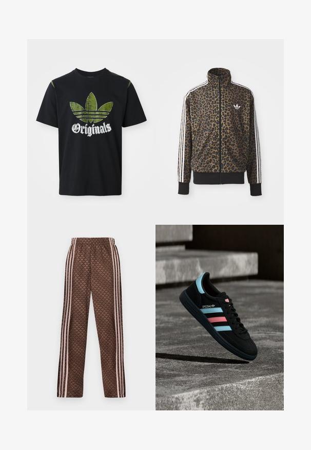 Brun og sort leopardprint zip-up jakke med hvide tre-stribede detaljer på ærmerne og en sort ribkant. Klassisk Adidas-logo.; Sort bomulds T-shirt med et slidt grønt grafik med tre striber og ordet "Originals" nedenfor i hvidt, rund halsudskæring, korte ærmer.; Brune træningsbukser med lyserøde lodrette striber på siderne og et gentaget løvmønster over det hele, elastisk talje, lige ben pasform.; Sort Adidas Spezial sneaker med blå og pink striber, svævende over en tekstureret grå betonoverflade med skygge nedenunder.