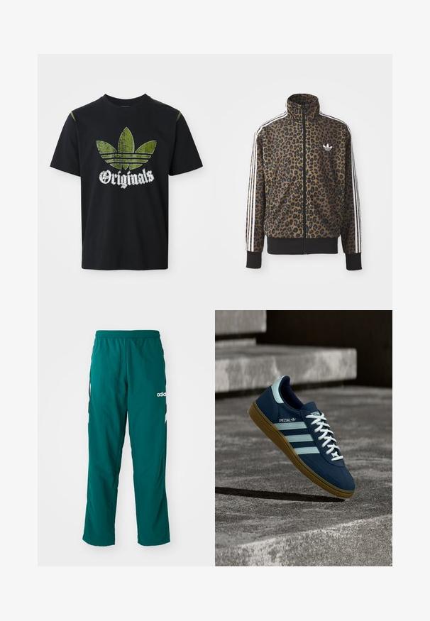 Leopardimustriga lukuga jakke pruunis ja mustas, millel on valged kolmetriibulised aktsendid varrukatel ja must ribakangast äär. Klassikaline Adidas logo.; Must musta särk, millel on kulunud rohelise graafikaga kujutis kolmest triibust ja sõna "Originals" all valget värvi, ümmargune kaelus, lühikesed varrukad.; Roheline spordipüksid, mis on valmistatud kergest kangast, elastse vöökoha, küljetaskute ja valge Adidas logo abil vasakul küljel.; Sinine Adidas Spezial tennisk, valgete triipude ja paeltega, kummist tallaga, hõljub kareda betoonpinna ja sammude kohal taustal.