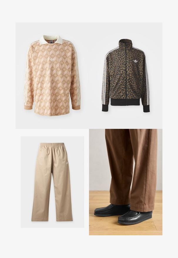 Kapsička s leopardím vzorom so zipsom v hnedej a čiernej farbe, s bielymi tromi pásikmi na rukávoch a čiernym rebrovaným lemom. Klasické logo Adidas.; Dlhý rukáv košele v svetlo broskyňovej farbe s geometrickým vzorom. Obsahuje biely golier a tri krémové pruhy na každom rukáve.; Béžové nohavice širokých nohavíc s elastickým pásom a malým bielym logom Adidas na hornej ľavej stehne, zobrazené na jednofarebnom pozadí.; Čierne kožené topánky s mokasínovým dizajnom a šitím, v kombinácii s hnedými nohavicami, na drevenej podlahe.
