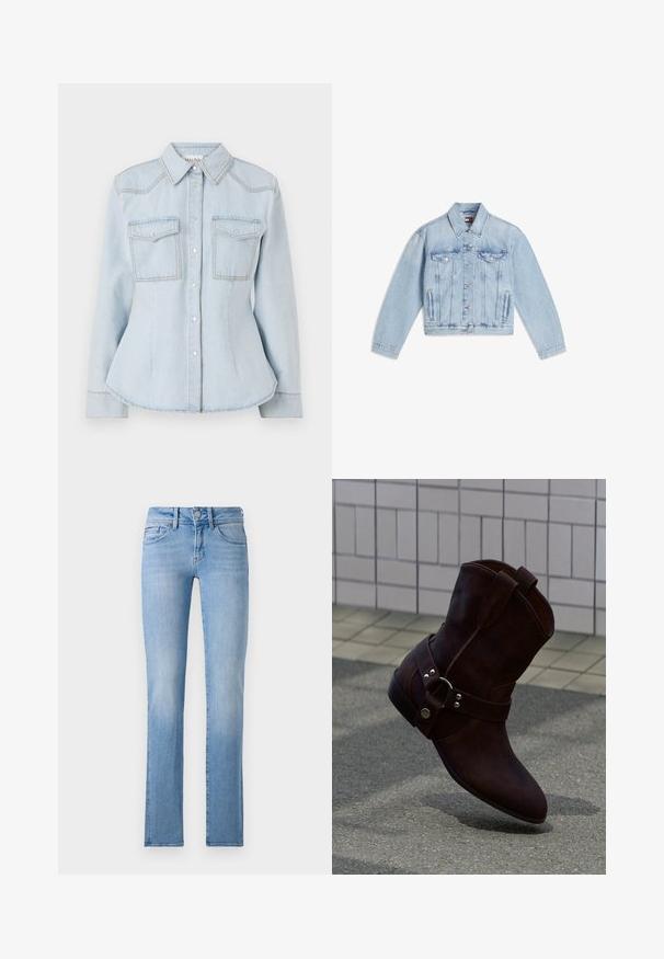 Ανοιχτό μπλε denim μπουφάν με κουμπιά στο μπροστινό μέρος, δύο τσέπες στο στήθος με καπάκι, πλαϊνές τσέπες και μυτερό γιακά, απλωμένο επίπεδα σε λευκό φόντο.; Ανοιχτό μπλε τζιν πουκάμισο με εφαρμοστή σχεδίαση, μυτερό γιακά, δύο τσέπες στο στήθος και αντίθετη ραφή. Διαθέτει κούμπωμα με κουμπιά και μακριά μανίκια.; Ανοιχτό μπλε τζιν παντελόνι με ίσια γραμμή, πέντε τσέπες και κούμπωμα με κουμπί. Διαθέτει ελαφριά φθορά και casual, κλασικό σχέδιο.; Καφέ καστόρινο μποτάκι αστραγάλου με ασημένια λεπτομέρεια αγκράφας, που στέκεται σε υφή πεζοδρομίου κοντά σε τοιχο με πλακάκια.