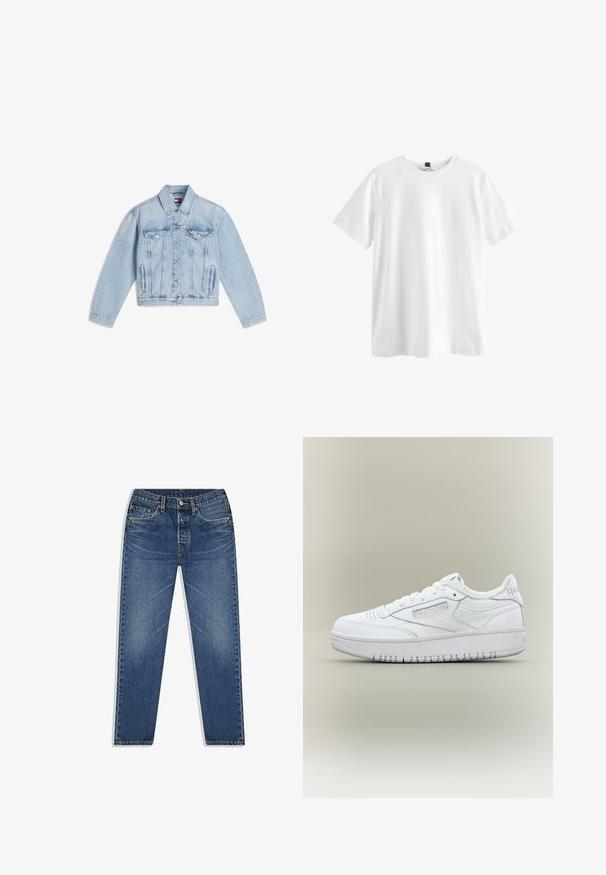 Hellblaue Denimjacke mit Knopfleiste vorne, zwei Brustklapptaschen, Seitentaschen und einem spitzen Kragen, flach auf weißem Hintergrund liegend.; Schlichtes weißes T-Shirt mit kurzen Ärmeln und Rundhalsausschnitt mit einem schwarzen Etikett innen am Kragen, flach auf weißem Hintergrund dargestellt.; Blaue Denim-Jeans mit geradem Bein, ausgestattet mit einem Knopf- und Reißverschluss, fünf Taschen und dezenten Abnutzungserscheinungen in der Waschung.; Weißer Reebok Low-Top-Sneaker mit Schnürverschluss, perforierter Zehenpartie, gebrandetem Seitenpanel und dicker Sohle vor neutralem Hintergrund.