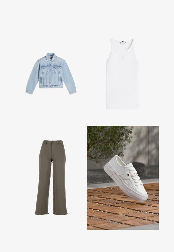 Hellblaue Denimjacke mit Knopfleiste vorne, zwei Brustklapptaschen, Seitentaschen und einem spitzen Kragen, flach auf weißem Hintergrund liegend.; Weißes geripptes ärmelloses Tanktop mit Rundhalsausschnitt und kleinem Tommy Hilfiger-Logo nahe dem Saum und im Krageninneren.; Weit geschnittene Hosen mit hoher Taille in Olivgrün mit Knopf- und Reißverschluss, Gürtelschlaufen und ausgefransten Säumen.; Weißer Ledersneaker mit Schnürsenkeln und einem kleinen rot-weiß-blauen Logo, schwebend über einer gemusterten Holz- und Kiesfläche im Freien.