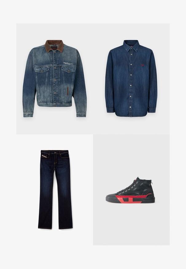 Verblasste blaue Jeansjacke mit braunem Kragen, Knopfleiste, Brusttaschen und weißem "Diesel Industry"-Logo auf der linken Brustseite.; Das Denim-Hemd hat einen dunkelblauen Farbton, eine durchgehende Knopfleiste, einen spitzen Kragen, lange Ärmel und ein kleines rotes Logo auf der Brust.; Dunkelblaue Jeans aus Denim mit geradem Bein, ausgestattet mit orangefarbenen Nähten, einem Reißverschluss und Vordertaschen. Glatte Textur und Standardbund.; Schwarze High-Top-Sneaker mit roten Akzenten und einem abgenutzten Finish. Verfügt über ein strukturiertes Canvas-Obermaterial und eine Gummisohle mit Ausschnitt-Design.