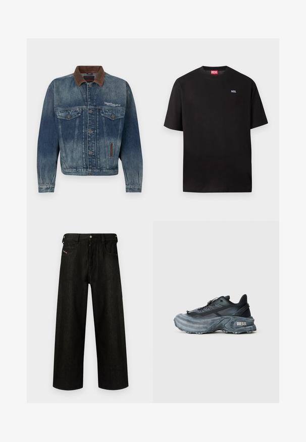 Veste en denim bleu délavé avec col marron, boutonnage devant, poches poitrine et logo blanc "Diesel Industry" sur le côté gauche de la poitrine.; T-shirt Diesel noir à manches courtes avec petit logo blanc "DIESEL" sur le côté gauche de la poitrine et étiquette Diesel rouge à l'intérieur du col.; Jean noir à jambes larges en denim, présentant une fermeture éclair, cinq poches et un branding discret sur la poche avant. Tissu durable et texturé.; Baskets Diesel noires et grises avec semelle épaisse, système de laçage à bascule et design texturé sur fond gris clair uni.