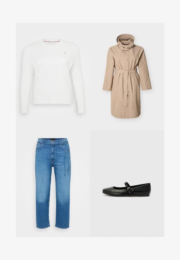 Beige regnjakke med hætte, bindebælte, sidelommer og trykknapper. Fremstillet af glat, vandafvisende materiale med lange ærmer.; Hvid strikket sweater med et struktureret diamantmønster, rund halsudskæring og lange ærmer. Lille logoaccent på brystet.; Lyseblå denimjeans med afslappet pasform, lige ben, medium talje og justerbar bindebåndsdetalje foran. Glat tekstur.; Sorte læder balletflade med rund tå, flad sål og en tynd justerbar rem over svangen med en metalspænde.