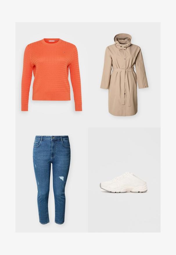 Beige regnjakke med hætte, bindebælte, sidelommer og trykknapper. Fremstillet af glat, vandafvisende materiale med lange ærmer.; Orange strikket sweater med en struktureret, vaffelmønster, rund halsudskæring og lange ærmer. Lille logo detalje på brystet.; Blå slim-fit denimjeans med let slid på venstre lår og ben, med forlommer og knaplukning.; Hvid sportssko med mesh og syntetisk overdel, rund tå, buet sål og teksturerede detaljer. Snørebånd skjult under et sportstyle overlay.