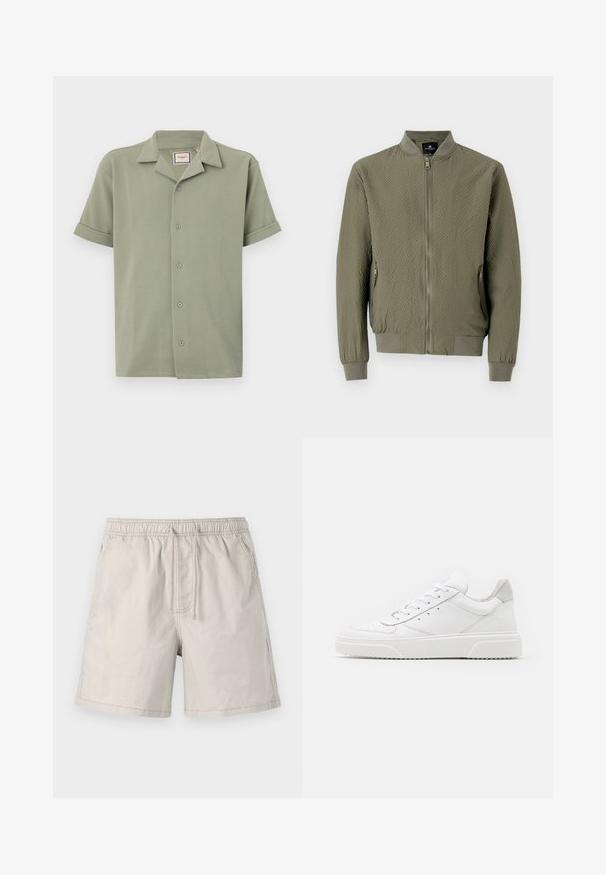 Chaqueta bomber verde oliva con una superficie texturizada, puños y cuello acanalados, y cierre frontal con cremallera. Incluye dos bolsillos laterales.; Camisa de manga corta en verde claro, hecha de tela texturizada con cuello de pico y cierre frontal de seis botones. Las mangas enrolladas ofrecen un ajuste relajado.; Pantalones cortos beiges hechos de una tela ligera, con cinturilla elástica, cordón y bolsillos laterales con costuras en contraste.; Zapatillas de cuero blanca con un acabado suave, punta redondeada, cordones planos y una suela texturada. Acento de ante gris en el talón.