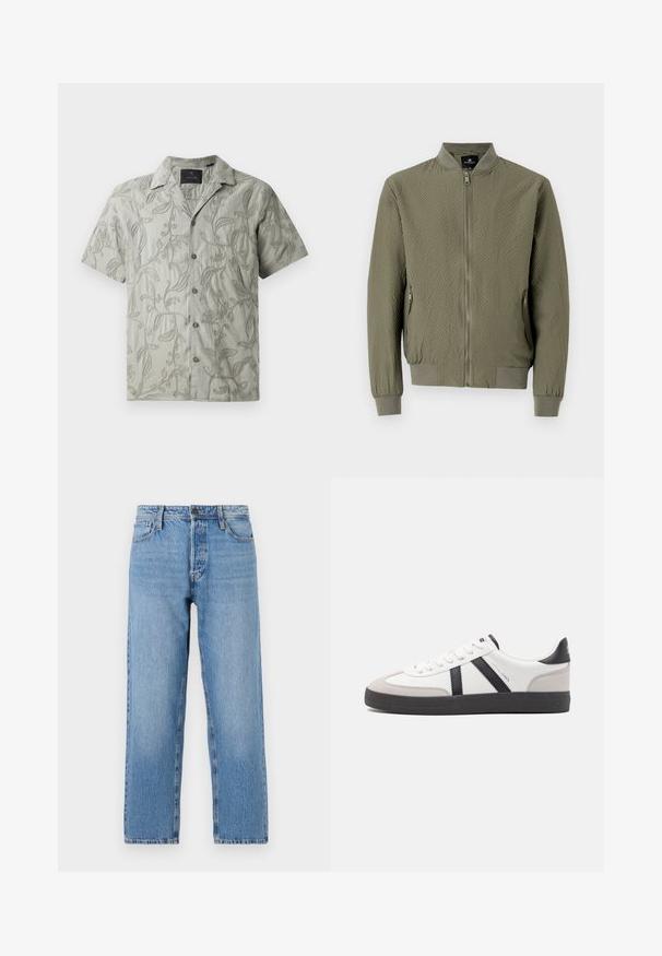 Chaqueta bomber verde oliva con una superficie texturizada, puños y cuello acanalados, y cierre frontal con cremallera. Incluye dos bolsillos laterales.; Camisa de manga corta de color gris claro con patrones florales bordados, cuello tipo camp y cierre frontal con botones grises.; Jeans de denim azul claro con un diseño de pierna recta, que cuentan con un cierre de botón y cremallera, estilo de cinco bolsillos y un ligero desvanecimiento.; Zapatilla blanca con acentos en negro y gris, que presenta una puntera texturizada en gris, suela de goma negra y cordones planos blancos. Diseño limpio, estilo minimalista.