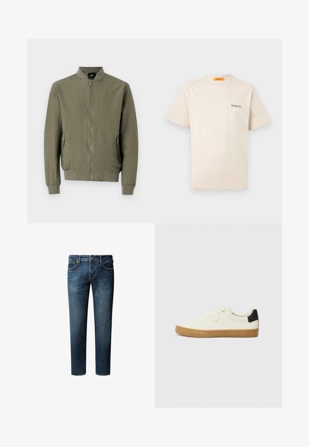 Olivovo zelená bomber bunda s textúrovaným povrchom, rebrovanými manžetami a golierom a predným zipsom. Obsahuje dve bočné vrecká.; Replay Inc. ESSENTIAL LOGO UNISEX - Základné tričko - ivory; Tmavo modré džínsy s rovnými nohavicami, ktoré majú päť vreciek, zapínanie na gombík a jemné vyblednutia na látke.; Biele plátenné tenisky s gumovou podrážkou, čiernym akcentom na päte, okrúhlou špičkou a šnurovacími detailmi. Na boku sa nachádza zlaté logo značky.