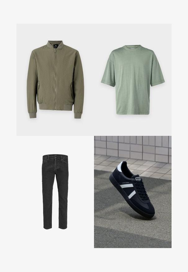 Olijfgroen bomberjack met een gestructureerd oppervlak, ribbelmanchetten en kraag, en een ritssluiting aan de voorkant. Beschikt over twee zijzakken.; Lichtgroene t-shirt met korte mouwen, een ronde halslijn en een ontspannen pasvorm; gemaakt van zacht materiaal met een gladde textuur.; Zwarte denim jeans met een rechte pasvorm, vijf zakken en riemlussen, met een licht vervaagde textuur en contrasterende stiksels.; Zwarte leren sneaker met witte strepen, een gestructureerde rubberen zool en vetersluiting aan de voorkant. Voorzien van een merklabel op de tong.