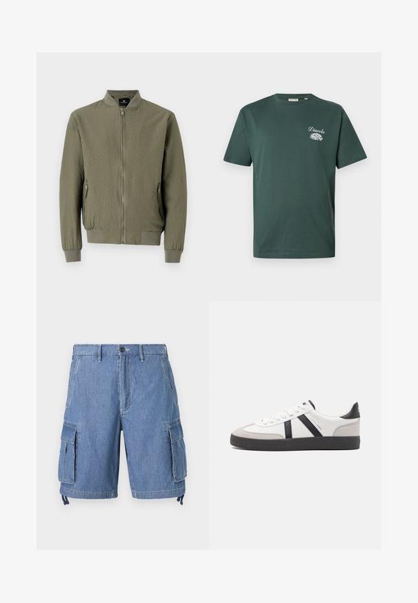 Veste bomber vert olive avec une surface texturée, des poignets et un col côtelés, et une fermeture éclair à l'avant. Comprend deux poches latérales.; T-shirt vert foncé à manches courtes avec le texte blanc "Diavola" et un graphique d'une part de pizza sur la poitrine gauche.; Shorts cargo en denim bleu avec une fermeture à bouton, deux poches avant et deux grandes poches latérales à rabat. Comprend des cordons de serrage réglables à l'ourlet.; Baskets blanches avec des accents noirs et gris, présentant un embout texturé gris, une semelle en caoutchouc noir et des lacets plats blancs. Design épuré, style minimaliste.