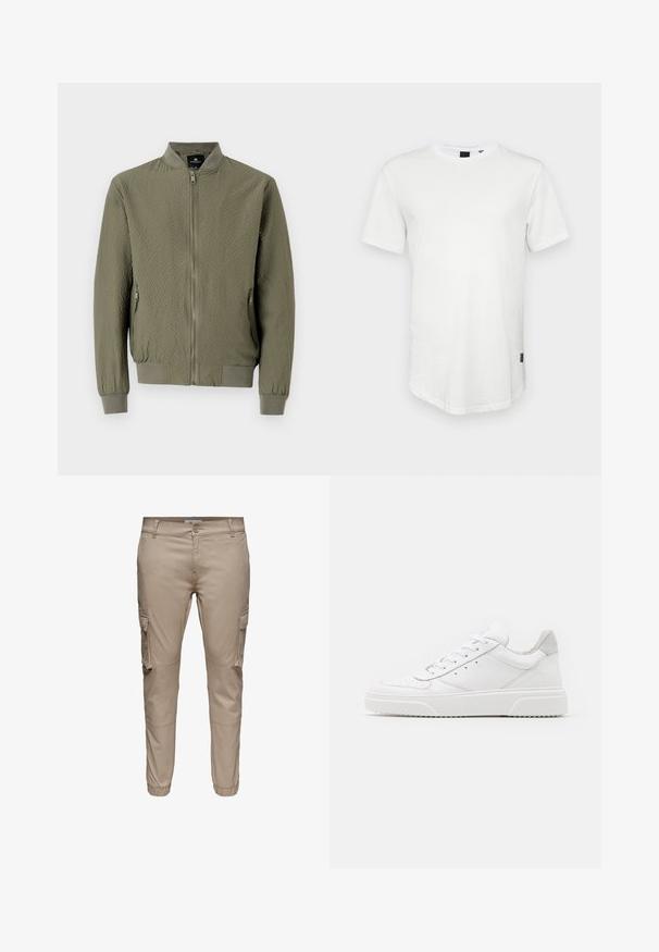 Veste bomber vert olive avec une surface texturée, des poignets et un col côtelés, et une fermeture éclair à l'avant. Comprend deux poches latérales.; T-shirt blanc à manches courtes en coton, avec un col rond et un dos légèrement allongé, arborant un petit logo sur le côté.; Pantalon cargo beige à coupe slim avec poches à rabat latérales, fermeture par boutons, passants pour ceinture et poignets élastiques aux chevilles.; Des baskets en cuir blanc avec une finition lisse, un bout rond, des lacets plats et une semelle texturée. Accents en daim gris au niveau du talon.