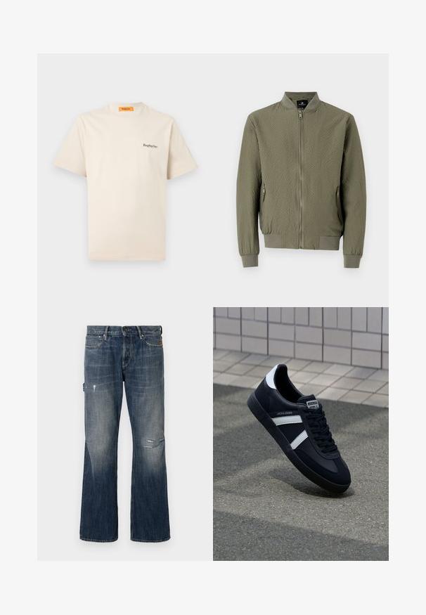 Olivgrüne Bomberjacke mit strukturiertem Oberfläche, gerippten Bündchen und Kragen sowie einem Frontreißverschluss. Verfügt über zwei Seitentaschen.; Replay Inc. ESSENTIAL LOGO UNISEX - T-Shirt basic - ivory; Dunkelblaue Denim-Jeans mit einer verwaschenen Optik. Sie verfügen über einen weiten Schnitt, distressed Details einschließlich eines Risses und ein klassisches Fünf-Taschen-Design.; Schwarze Leder-Sneaker mit weißen Streifen, strukturiertem Gummisohle und Schnürung. Verfügt über ein Markenetikett auf der Zunge.