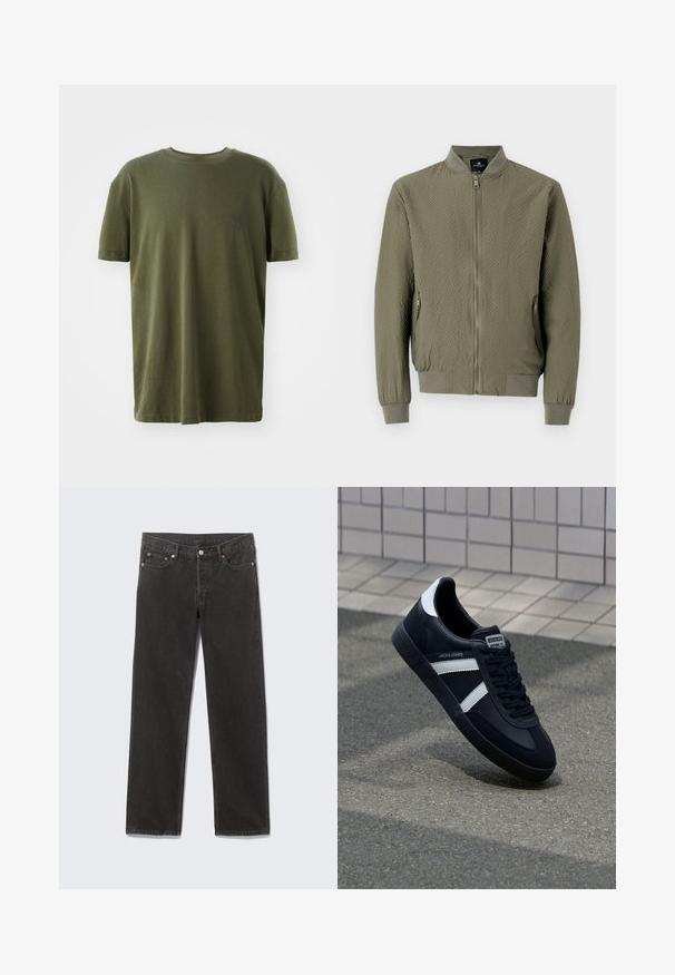 Chaqueta bomber verde oliva con una superficie texturizada, puños y cuello acanalados, y cierre frontal con cremallera. Incluye dos bolsillos laterales.; Camiseta de color verde oliva en algodón, con mangas cortas, cuello redondo y un pequeño logo impreso en azul oscuro en el lado izquierdo del pecho.; Vaqueros de mezclilla negros de pierna recta con bolsillos frontales, trabillas para cinturón y cierre de botón, colocados planos sobre un fondo gris.; Zapatilla de cuero negra con rayas blancas, suela de goma texturizada y parte frontal con cordones. Cuenta con una etiqueta de marca en la lengüeta.