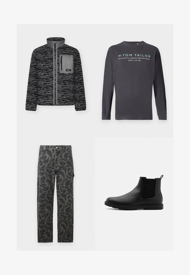 Veste en polaire noire et grise avec fermeture éclair à l'avant, col haut et une poche poitrine. Présente un motif texturé et des poignets côtelés.; TOM TAILOR PRINTED - T-shirt à manches longues - tarmac grey; Pantalons droit en camouflage pixelisé noir et gris avec poches avant et fermeture à bouton.; Bottine Chelsea en cuir noir avec des panneaux latéraux en élasthanne, une languette et une semelle en caoutchouc durable. Texture lisse et design épuré.