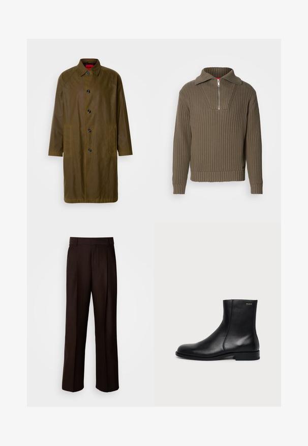 Oliven grøn vandtæt frakke med lige snit, knaplukning, sidelommer og krave. Har en glat tekstur.; Brun ribbet pullover med en halvdelt lynlås og en bred krave. Har et tekstureret stof og en let cropped hel. Simpelt design.; Brune skræddersyede bukser med lige ben, featuring en frontfold, glat texture og klassisk talje. Egnet til formelt brug.; Sort læderankelstøvle med lav hæl, sidesyning og lille "HUGO" logo på den øverste manchet mod en ensfarvet baggrund.