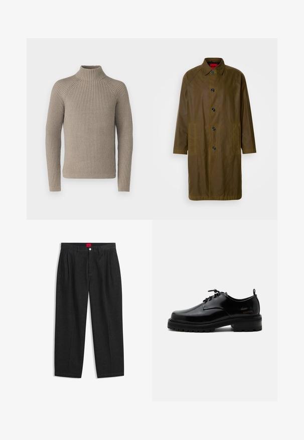 Oliven grøn vandtæt frakke med lige snit, knaplukning, sidelommer og krave. Har en glat tekstur.; Beige ribbet turtleneck sweater med lange ærmer, som har en tætsiddende silhuet og struktureret strikkemønster. Lavet af et blødt materiale.; Sorte bukser med høj talje med forreste læg, bæltestropper, knap og lynlås lukning samt en rød label indeni linningen.; Sort poleret læder snørestøvle med tyk gummisål og lav hæl, sideskilt med mærketekst "SAMSOE" og bageste træksnor.
