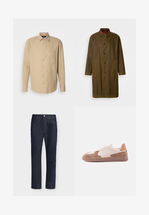 Oliven grøn vandtæt frakke med lige snit, knaplukning, sidelommer og krave. Har en glat tekstur.; Beige skjorte med knapper og lodrette blå striber, lange ærmer, en enkelt brystlomme og klassisk krave. Blød stofstruktur.; Mørkeblå denimjeans med lige ben, forreste lukning med knap og lynlås, bæltestropper samt for- og baglommer.; Hvid og tan lavtop-sneaker med ruskindsdetaljer, perforerede sider, hvide snørebånd og en struktureret gummisål, vist fra siden på hvid baggrund.
