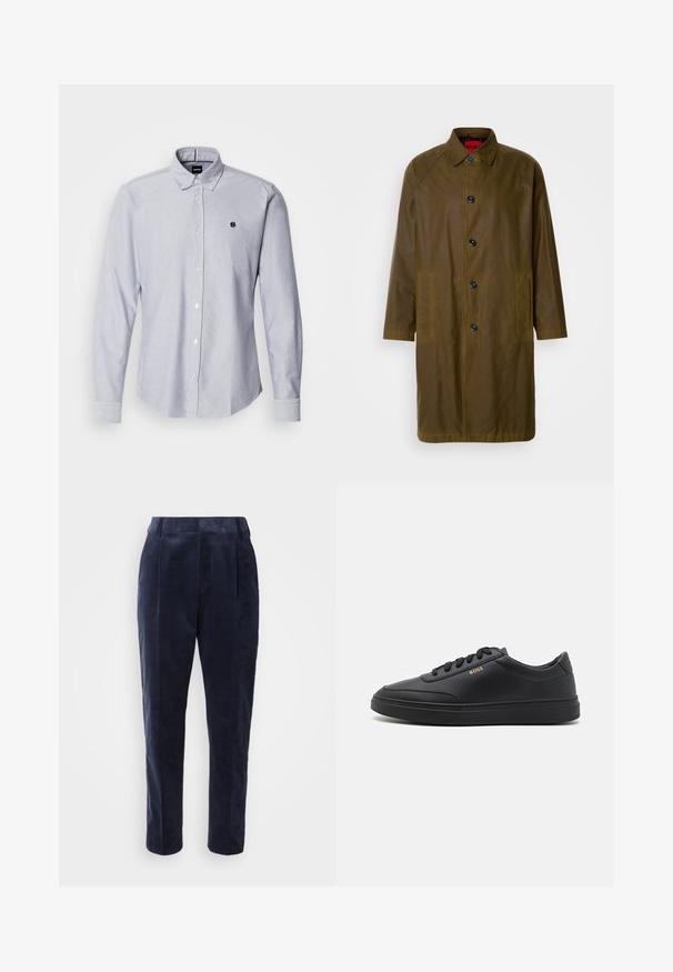 Manteau imperméable vert olive avec une coupe droite, fermeture à boutons, poches latérales et un col. Texture lisse.; Chemise boutonnée bleu clair à manches longues, fabriquée à partir d'un tissu texturé. Présente un petit logo sur la poitrine gauche et des poignets standards.; Pantalons en velours côtelé marine avec une texture lisse, dotés de plis, d'une taille haute et d'une jambe fuselée, conçus pour une coupe ajustée.; Baskets en cuir noir avec une texture lisse, bout rond, semelle en caoutchouc plate et lacets ton sur ton. Présente une marque "BOSS" dorée sur le côté.