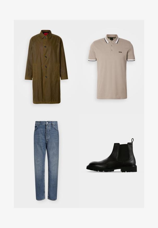 Olivgrüner, wasserfester Mantel mit geradem Schnitt, Knopfverschluss, seitlichen Taschen und Kragen. Hat eine glatte Textur.; Beiger Poloshirt mit klassischem Kragen, kurzen Ärmeln und Besatz in Schwarz und Weiß. Besticktes 'BOSS'-Logo auf der Brust.; Gerade geschnittene blaue Jeans aus Denim mit hoher Taille, Frontknopfverschluss und Fünf-Taschen-Design auf einem schlichten hellen Hintergrund.; Schwarzer Chelsea-Boot aus Leder bis zum Knöchel mit dicker Profilsohle, elastischen Seiteneinsätzen und Zuglasche auf einfarbigem Hintergrund.