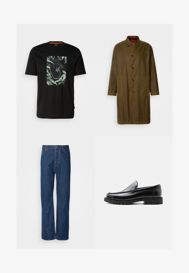 Oliven grøn vandtæt frakke med lige snit, knaplukning, sidelommer og krave. Har en glat tekstur.; Sort bomulds t-shirt med et centralt grafik af en panter omgivet af blade, med en kædekrave og "BOSS" tekst. Korte ærmer.; Blå denim jeans med lige ben, der har en knaplukning, fem lommer og kontraststikninger langs sømmene.; Sort læderloafer med chunky gummisål, syet overdel og præget mærkenavn på hælen, vist i sideprofil på hvid baggrund.