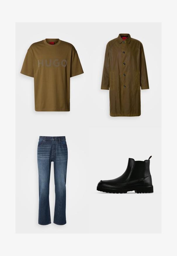 Olijfgroen waterdichte overjas met een rechte snit, knoopsluiting, zijzakken en een kraag. Beschikt over een zachte textuur.; Olijfgroene katoenen t-shirt met een ronde hals en korte mouwen, met een groot grijs "HUGO" logo op de voorkant gedrukt.; Denim jeans met een rechte pijpdesign, middelmatige wasbeurt, vijf-pocket stijl en knoopsluiting. De stof heeft een gladde textuur met een lichte vervaging.; Zwarte leren enkellaars met een gestructureerde zool, elastische zijpanelen en een trekriempje op een lichtgrijze achtergrond.
