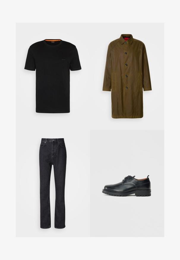 Manteau imperméable vert olive avec une coupe droite, fermeture à boutons, poches latérales et un col. Texture lisse.; T-shirt noir à manches courtes fabriqué en tissu doux, avec un col rond et un logo discret à l'avant. Le col intérieur comporte un accent orange.; Jean en denim noir taille haute avec fermeture à bouton et à glissière, poches avant et arrière, et coupe droite.; Chaussures derby en cuir noir avec une texture lisse, bout rond, design à lacets et une semelle en caoutchouc épaisse et robuste.