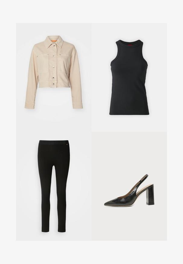 Chaqueta de mezclilla beige recortada con collar en punta, dos bolsillos frontales, botones a presión plateados y detalle de forro naranja.; Camiseta sin mangas negra hecha de una tela elástica. Presenta un cuello redondo y una silueta ajustada con detalles de costura mínimos.; Leggings negros con una textura suave, que cuentan con una cinturilla flexible y sutiles detalles en las costuras. Sin patrones ni elementos de hardware presentes.; Zapato slingback de piel negra con puntera puntiaguda, tacón alto y ancho, y forro interior beige sobre un fondo claro y liso.