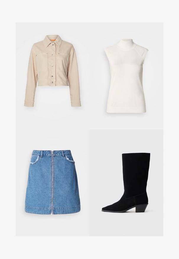 Beige cropped Jeansjacke mit einem Punktkragen, zwei Vordertaschen, silbernen Druckknöpfen und einem orangefarbenen Innenfutter.; Ärmelloses weißes Turtleneck-Oberteil aus weichem Material; verfügt über einen figurbetonten Schnitt mit hohem Kragen und subtiler gerippter Struktur am Saum.; Hellblauer Denim-Rock mit einem Frontreißverschluss, ausgefransten Taschenrändern und einem geraden Schnitt. Der Saum ist leicht geschwungen.; Schwarze Wildleder Stiefelette mit spitzer Zehe, mittelhohem Schaft und einem chunky Absatz. Verfügt über minimale Nähte und eine glatte Textur.