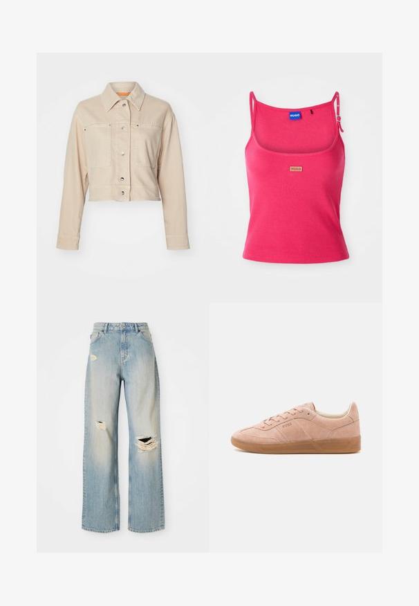 Beige cropped Jeansjacke mit einem Punktkragen, zwei Vordertaschen, silbernen Druckknöpfen und einem orangefarbenen Innenfutter.; Enganliges pinkes Tanktop aus Rippstoff. Verfügt über verstellbare Träger und ein kleines braunes Logotag auf der Vorderseite. Glatte Textur.; Hellblaue, gerade geschnittene Jeans mit hoher Taille, Gürtelschlaufen und ausgefransten Rissen am linken Oberschenkel, rechten Knie und unteren linken Bein.; Helle rosa Wildleder-Sneaker mit Gummisohle, abgerundetem Zehenbereich und Schnürverschluss. Minimalistisches Branding an der Seite und Ferse.