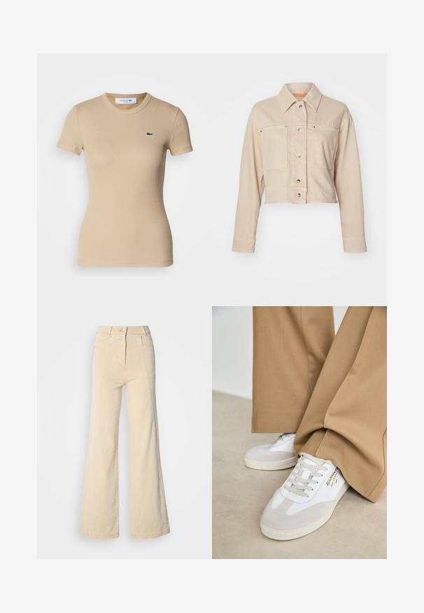 Chaqueta de mezclilla beige recortada con collar en punta, dos bolsillos frontales, botones a presión plateados y detalle de forro naranja.; Camiseta de algodón de canalé beige, con mangas cortas, escote redondo, forma ajustada y un pequeño logo verde de Lacoste en el lado izquierdo del pecho.; Jeans beige de pierna ancha con cintura alta, bolsillos frontales y costuras en contraste, con cierre de botón y una textura de algodón suave.; Zapatillas blancas con detalles de ante, cordones texturizados y suela de goma. Combinadas con un pantalón suelto en tono marrón claro. Logo exhibido en el lateral.