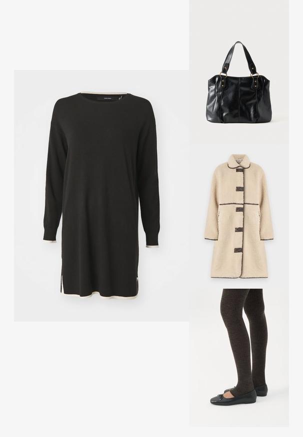 Crème-kleurige fleece jas met een relaxed fit, knopen aan de voorkant, bruine accenten en twee zijzakken. Heeft een gekruiste kraag en een getextureerde stof.; Zwarte lange mouw trui jurk met crèmekleurige geribbelde accenten bij de halslijn en de zoom. Beschikt over zijsplitten voor een comfortabele beweging.; Benen met donkere geribbelde leggings gecombineerd met zwarte ballerina's met kleine strikdetails op een witte achtergrond.; Zwarte leren schoudertas met dubbele bandjes bevestigd met gouden ringen en klinknagels, glad en licht glanzend oppervlak, eenvoudig ontwerp.