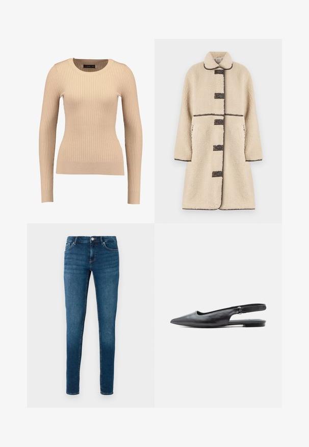 Cremefarvet fleecejakke med en afslappet pasform, knaplukning foran, brune detaljer og to sidelommer. Den har en krave og tekstureret stof.; Ribbet langærmet sweater i lys beige, lavet af strækbart stof. Har en rund halsudskæring og tætsiddende silhuet med ribbede manchetter.; Mørkeblå denim skinny jeans med traditionelt femlomme-design, sølvknap og subtile, falmede sektioner foran. Glat tekstur.; Sort læder flad slingbacksko med spids tå, lav hæl og justerbar rem på lys baggrund.
