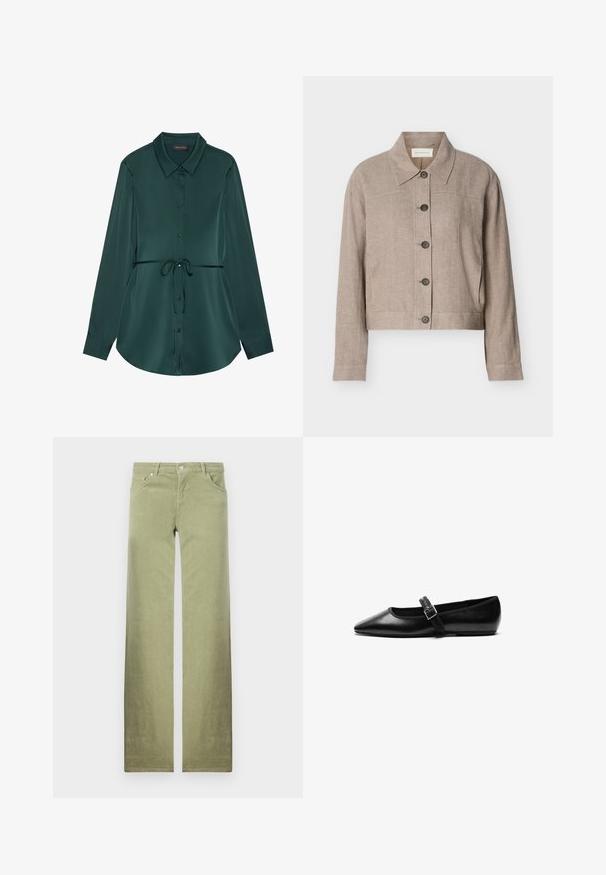 Beige linnen cropped jack met lange mouwen, puntige kraag en vijf donkere knopen aan de voorkant, weergegeven op een effen achtergrond.; Overhemd met lange mouwen van donkergroen satijn, met een kraag, knoopsluiting, taillekoord en een afgeronde zoom voor een ontspannen pasvorm.; Groene katoenen broek met een recht afgesneden ontwerp, voorzien van zijzakken, een knoopsluiting en een schone, gestructureerde stofafwerking.; Zwarte platte schoen van leer met een spitse neus, verstelbare band met een metalen gesp, een gladde textuur en een minimalistisch ontwerp.