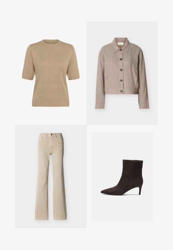 Chaqueta corta de lino beige con mangas largas, cuello puntiagudo y cinco botones oscuros en la parte delantera, mostrada sobre un fondo liso.; Suéter beige de manga corta con cuello redondo, textura acanalada y corte relajado. El material parece suave y ligero, con un acabado liso.; Pantalones vaqueros beige de tiro alto con botón y cremallera delanteros, cinco bolsillos y pierna ligeramente acampanada sobre un fondo liso.; Botas de tobillo de ante marrón con punta afilada y tacón de 3 pulgadas, que presentan una textura suave y un diseño minimalista. Cierre con cremallera en la parte posterior.