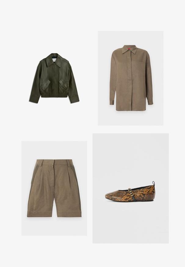 Veste en cuir vert foncé avec large col, boutons-pression à l'avant, deux poches à rabat inclinées, et ourlet et poignets élastiqués.; Chemise marron à manches longues avec boutons, col pointu et une poche poitrine, présentée sur un fond clair uni.; Short marron taille haute avec passants de ceinture, plis et détails tressés le long des coutures latérales.; Ballerine en simili motif peau de serpent avec des nuances de brun et de noir. Dotée d'une bride noire et d’un détail en métal doré. Texture lisse.