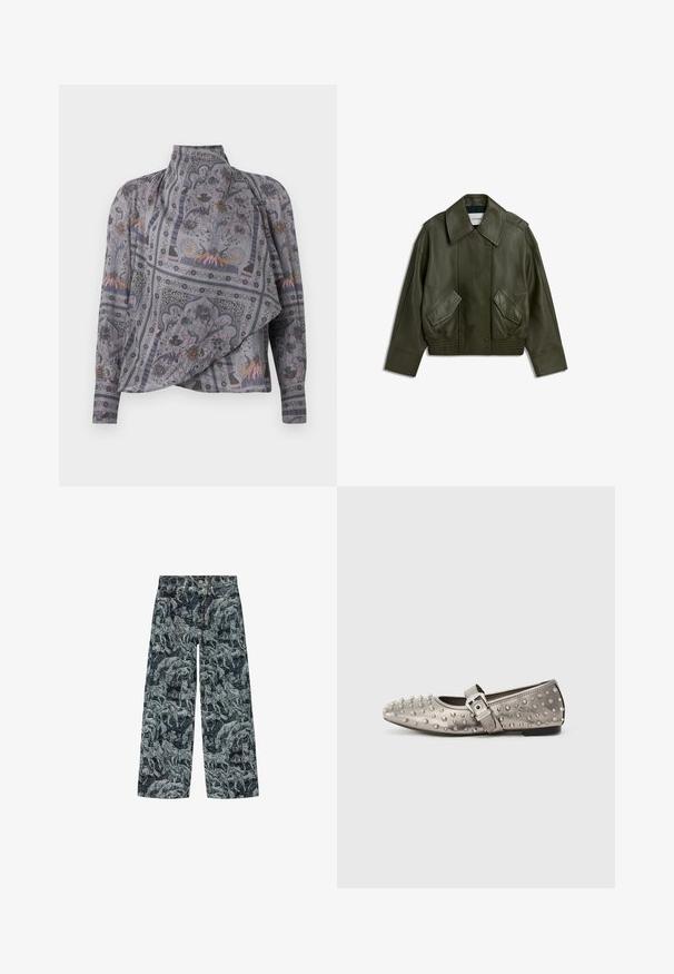 Veste en cuir vert foncé avec large col, boutons-pression à l'avant, deux poches à rabat inclinées, et ourlet et poignets élastiqués.; Blouse à manches longues grise à motifs avec un col montant. Présente des dessins floraux et animaliers complexes, une texture drapée et une silhouette fluide.; Jean denim à jambes larges avec imprimé intégral noir et blanc de chevaux, avec poches avant et taille à fermeture par bouton.; Chaussure plate grise à bout rond, ornée de clous métalliques, avec une sangle latérale présentant un détail de boucle en argent. Texture lisse.