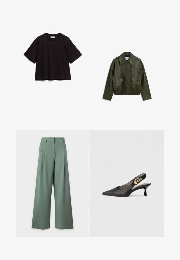 Chaqueta de cuero verde oscuro con cuello ancho, botones frontales de presión, dos bolsillos con solapa en ángulo y dobladillo y puños elásticos.; Camiseta de algodón negra de manga corta y cuello redondo. Tiene un corte holgado y un diseño sencillo y sin adornos.; Pantalones de talle alto y pierna ancha en verde apagado con trabillas para cinturón, bolsillos laterales y pliegues delanteros sobre un fondo claro.; Zapato de tacón alto tipo slingback negro con punta afilada, textura de cuero suave y un acento de hebilla en tono dorado en la correa.