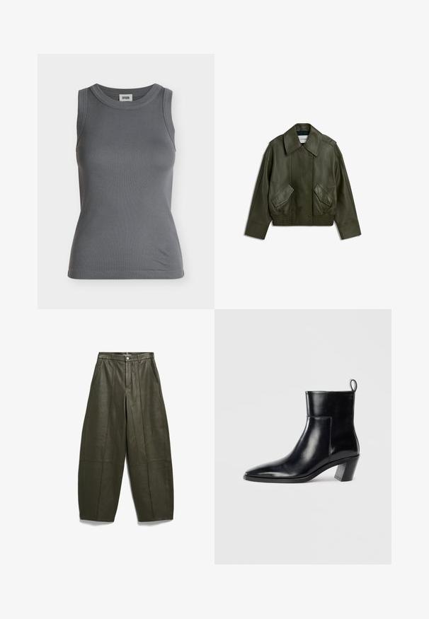 Veste en cuir vert foncé avec large col, boutons-pression à l'avant, deux poches à rabat inclinées, et ourlet et poignets élastiqués.; Débardeur côtelé gris foncé sans manches avec un col rond et une étiquette de marque à l'intérieur du col.; Pantalon en cuir vert foncé taille haute, jambes larges, avec poches avant, passants de ceinture et fermeture par bouton à la taille.; Bottine en cuir noir avec un bout pointu, un talon empilé géométrique et une languette à l'arrière. Texture lisse et design épuré.