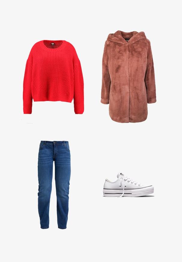Jas met capuchon van nepbont in een stofroze kleur, met een zachte textuur, voorsluiting en lange mouwen. Minimalistisch ontwerp zonder opvallende accenten.; Rode gebreide trui met een ronde hals, verlaagde schouders en een geribbelde zoom. Heeft een textuur met een grof patroon over de hele trui.; Blauwe denim jeans met een recht gesneden ontwerp, vijf-pocketstijl en subtiele vervaging. Voorzien van een knoopsluiting en gestikte details.; Wit lage canvas sneaker met witte veters, rubberen zool, zwarte streepdetails en logopatch op de tong en hiel.