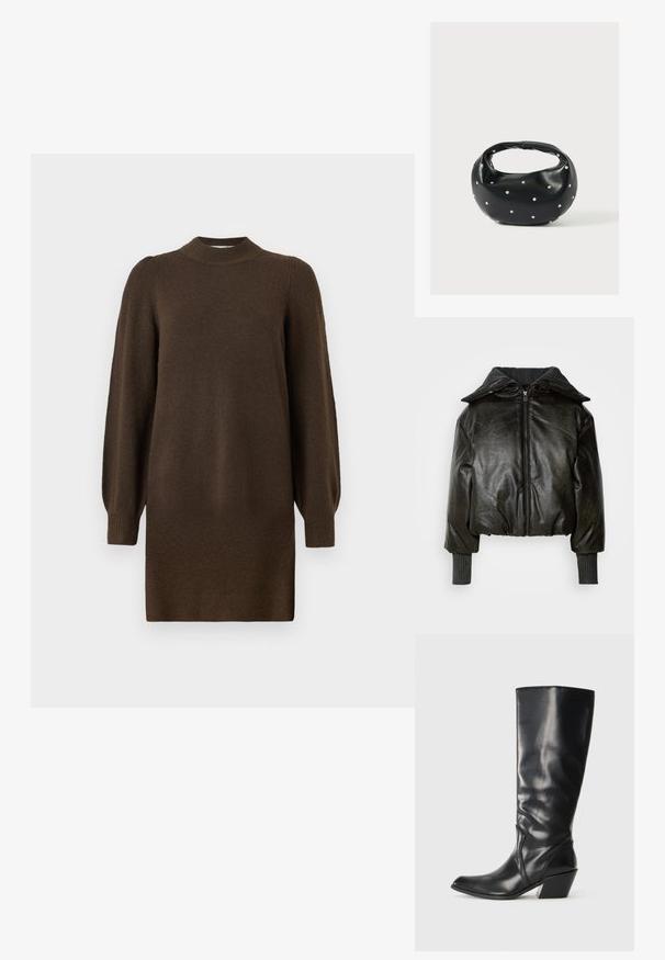Chaqueta de cuero negro recortada con un grueso cuello acanalado, cierre delantero y mangas texturizadas. Presenta hombros acolchados y puños en las muñecas.; Vestido de punto de manga larga en marrón oscuro con cuello alto acanalado, puños y dobladillo sobre un fondo blanco.; Bota de cuero negra hasta la rodilla con punta afilada, tacón angular y textura suave. Presenta un sutil acento de costura a lo largo del costado.; Bolso de mano de cuero negro con forma redondeada, decorado con detalles de tachuelas plateadas y un asa corta. Textura lisa y cierre con cremallera.