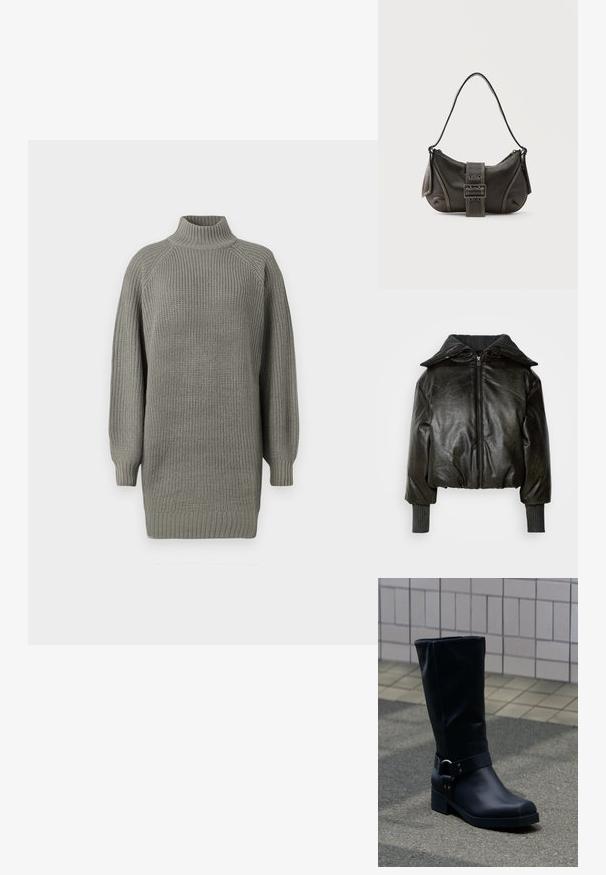Gekürzte schwarze Lederjacke mit dicker gerippter Kragen, Frontreißverschluss und strukturierten Ärmeln. Verfügt über gepolsterte Schultern und Handgelenksbündchen.; Übergroßer grauer Strickpullover mit hohem Kragen, gerippten Bündchen und strukturierter Oberfläche. Verfügt über gesenkte Schultern und eine lockere Passform.; Schwarzer Lederstiefel bis zur Mitte der Wade mit niedrigem Blockabsatz und dekorativem Riemen mit Metallschnalle um den Knöchel, auf einem gefliesten Gehweg.; Schwarze Leder-Schultertasche mit Schnallengurt-Detail, abgerundeten Kanten und kontrastierenden weißen Nähten auf schlichtem Hintergrund.