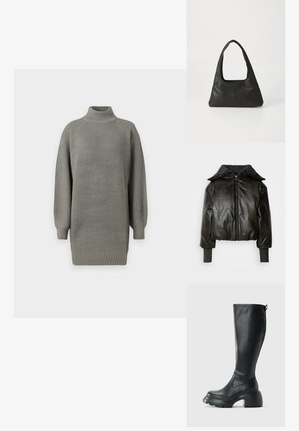 Gekürzte schwarze Lederjacke mit dicker gerippter Kragen, Frontreißverschluss und strukturierten Ärmeln. Verfügt über gepolsterte Schultern und Handgelenksbündchen.; Übergroßer grauer Strickpullover mit hohem Kragen, gerippten Bündchen und strukturierter Oberfläche. Verfügt über gesenkte Schultern und eine lockere Passform.; Hoher schwarzer Lederstiefel mit einer robusten Plateausohle und Blockabsatz, der über eine Zuglasche und ein strukturiertes Profil an der Außensohle verfügt.; Schwarze Lederhandtasche mit dreieckiger Form, einem großen Ausschnittgriff und detaillierter Naht entlang der Kanten. Glatte Textur.